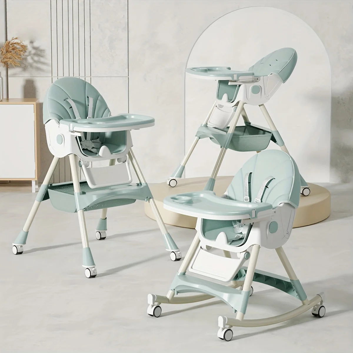 3-in-1 Convertible Baby High Chair – Foldable Infant Rocking Chair with Harness & Lockable Wheels