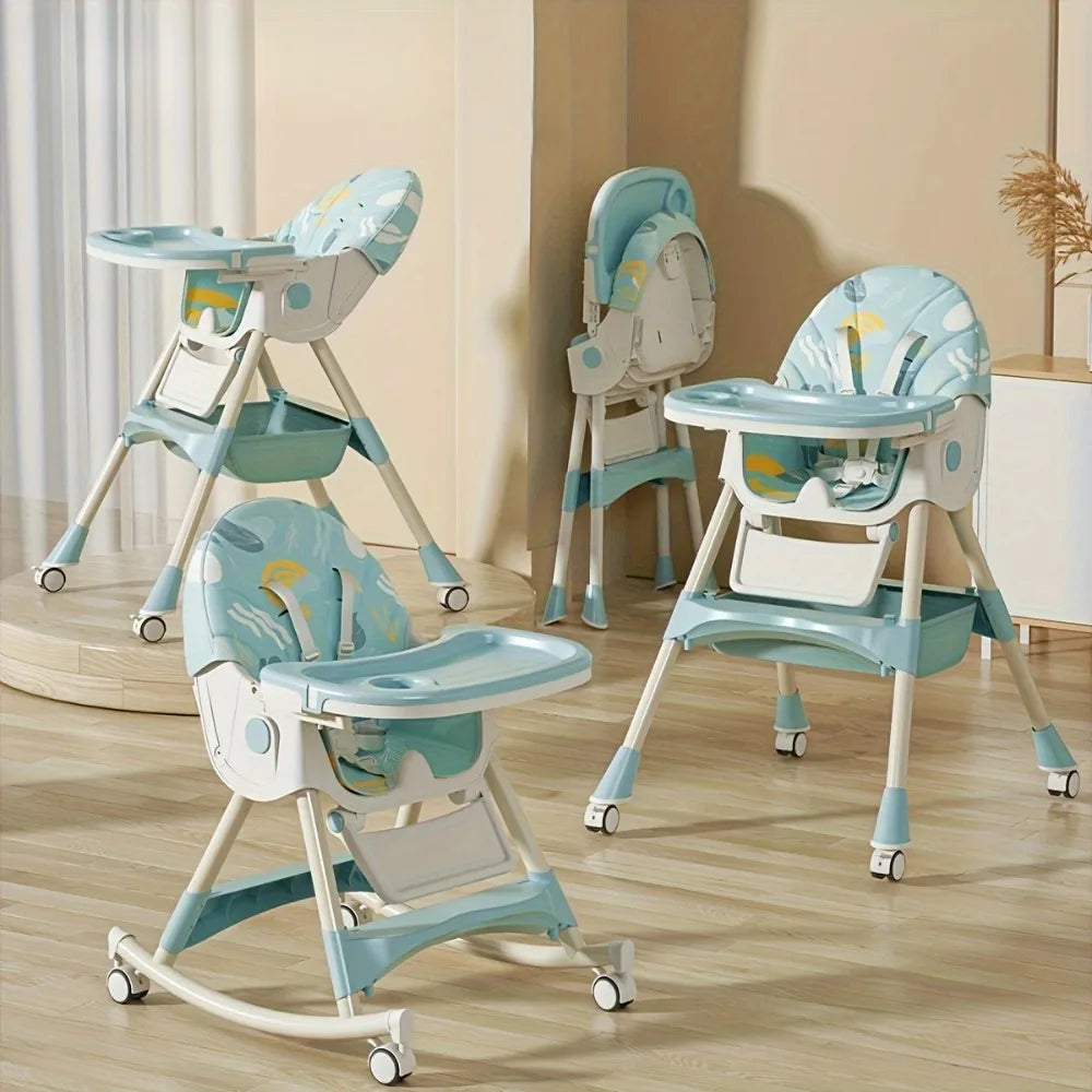 3-in-1 Convertible Baby High Chair – Foldable Infant Rocking Chair with Harness & Lockable Wheels