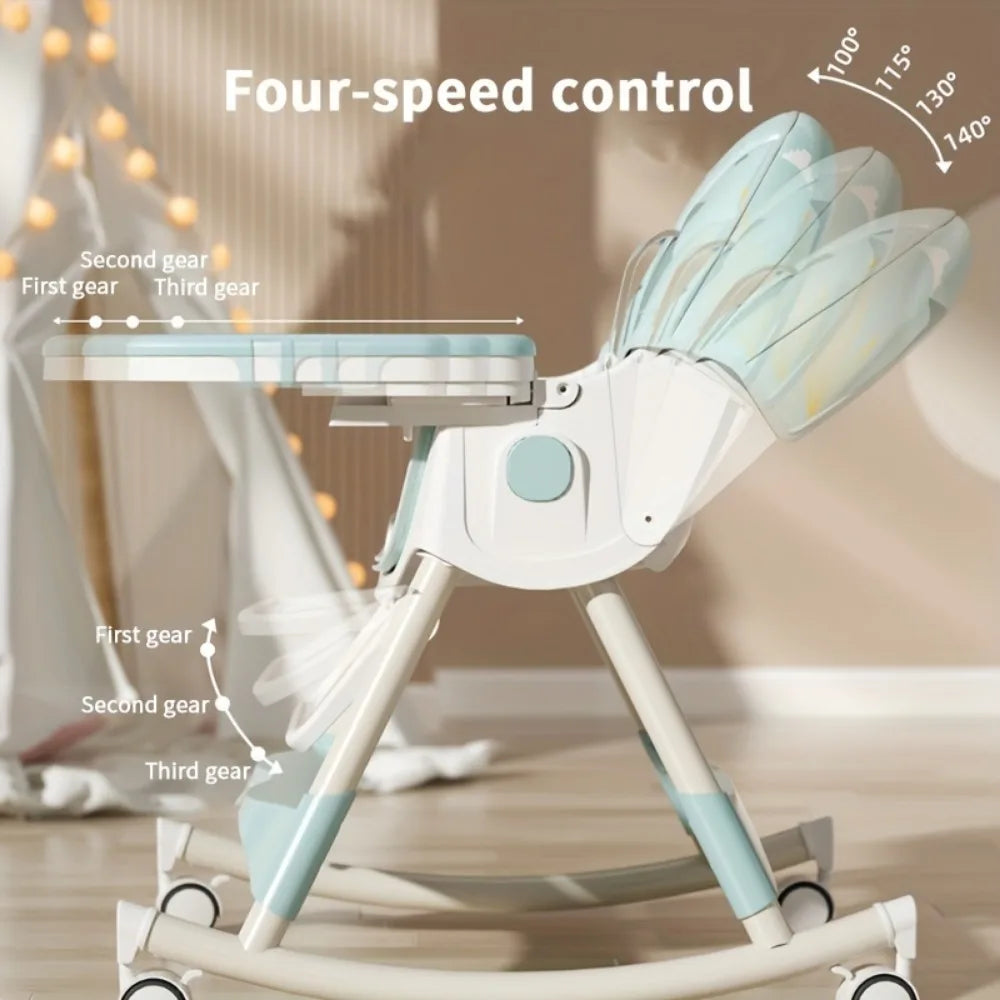 3-in-1 Convertible Baby High Chair – Foldable Infant Rocking Chair with Harness & Lockable Wheels