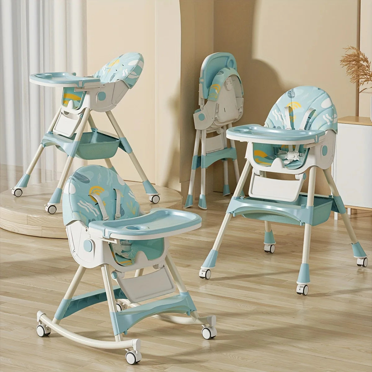 3-in-1 Convertible Baby High Chair – Foldable Infant Rocking Chair with Harness & Lockable Wheels