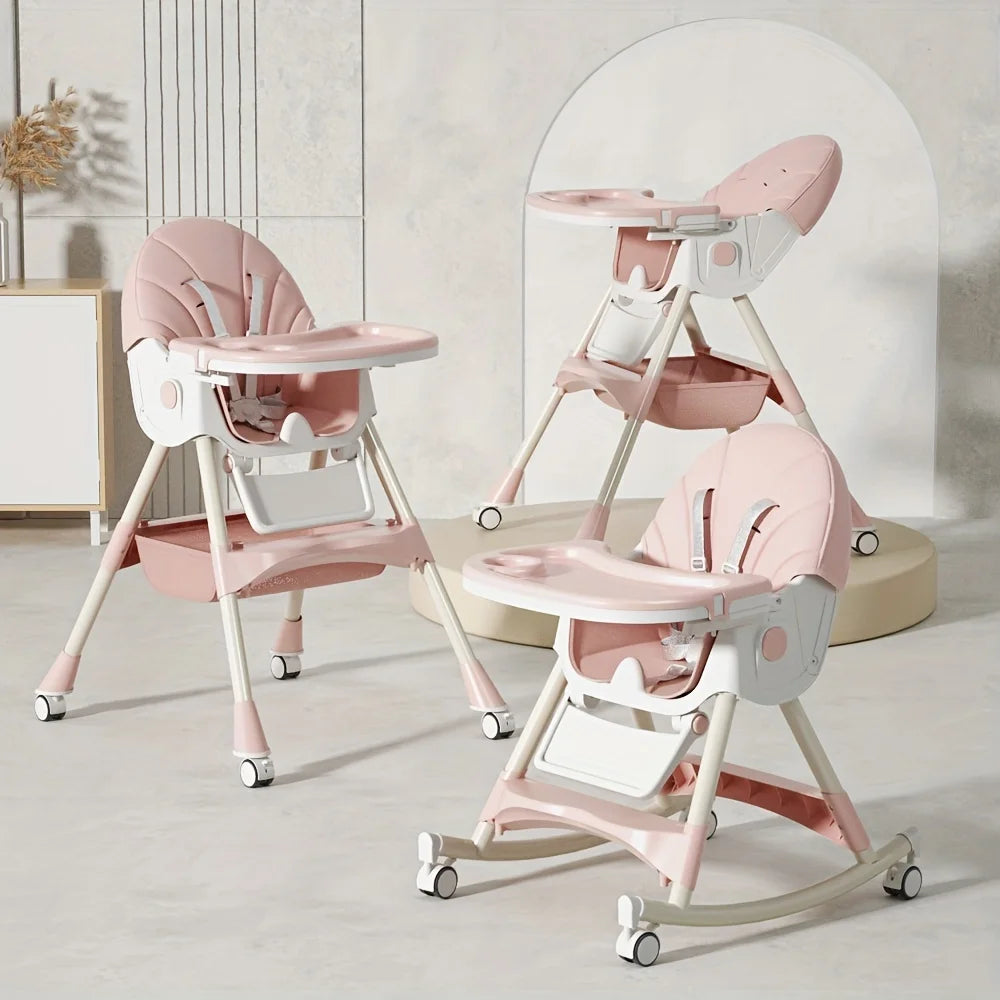 3-in-1 Convertible Baby High Chair – Foldable Infant Rocking Chair with Harness & Lockable Wheels