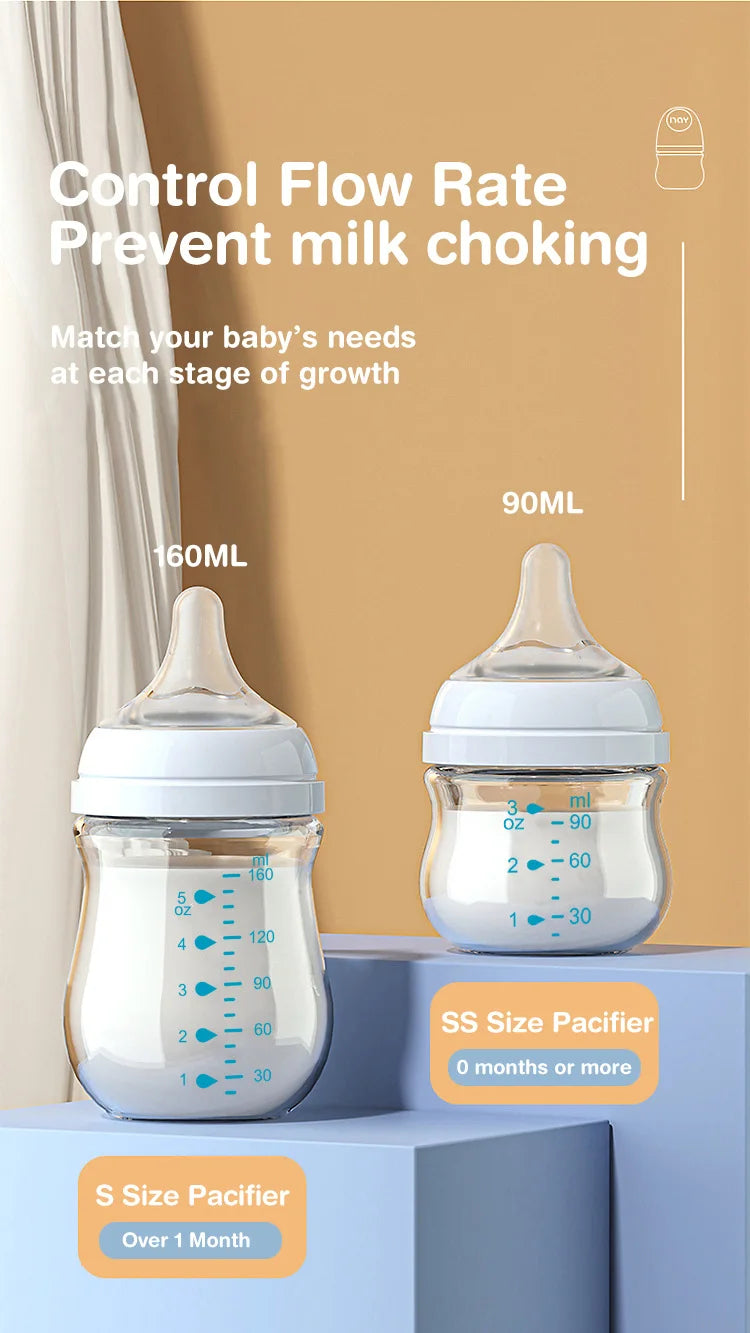 BPA-Free Glass Baby Bottle – Anti-Flatulence Newborn Feeding Bottle 90ml/160ml