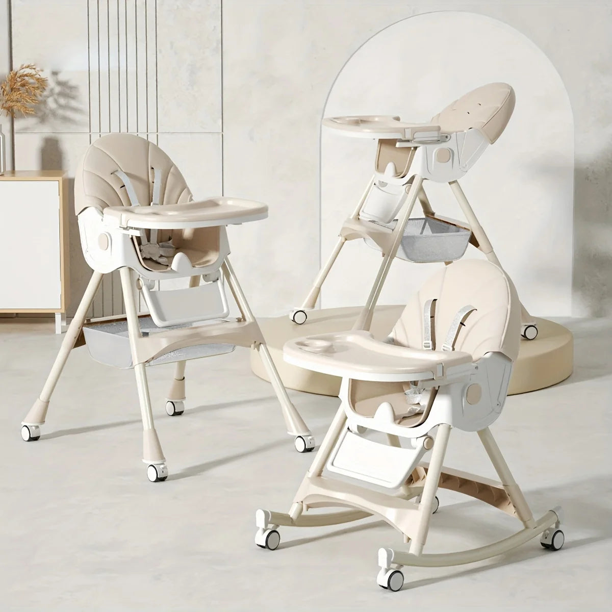 3-in-1 Convertible Baby High Chair – Foldable Infant Rocking Chair with Harness & Lockable Wheels