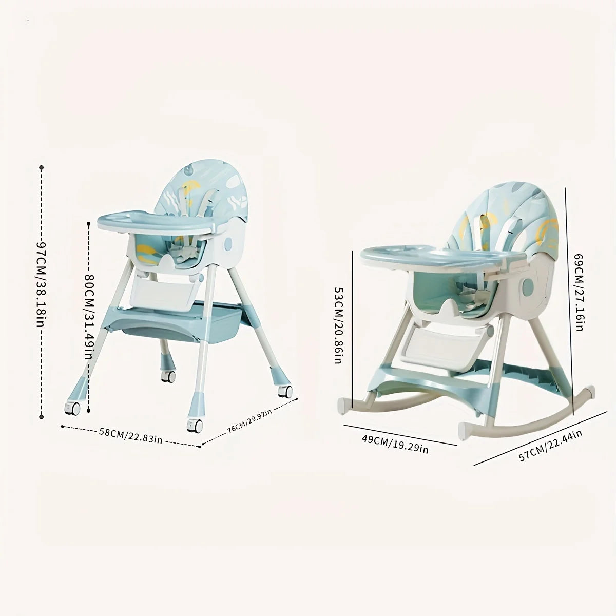 3-in-1 Convertible Baby High Chair – Foldable Infant Rocking Chair with Harness & Lockable Wheels