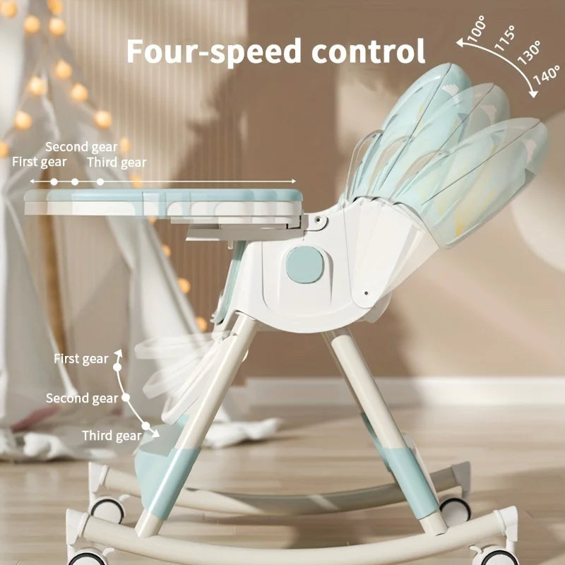 3-in-1 Convertible Baby High Chair – Foldable Infant Rocking Chair with Harness & Lockable Wheels
