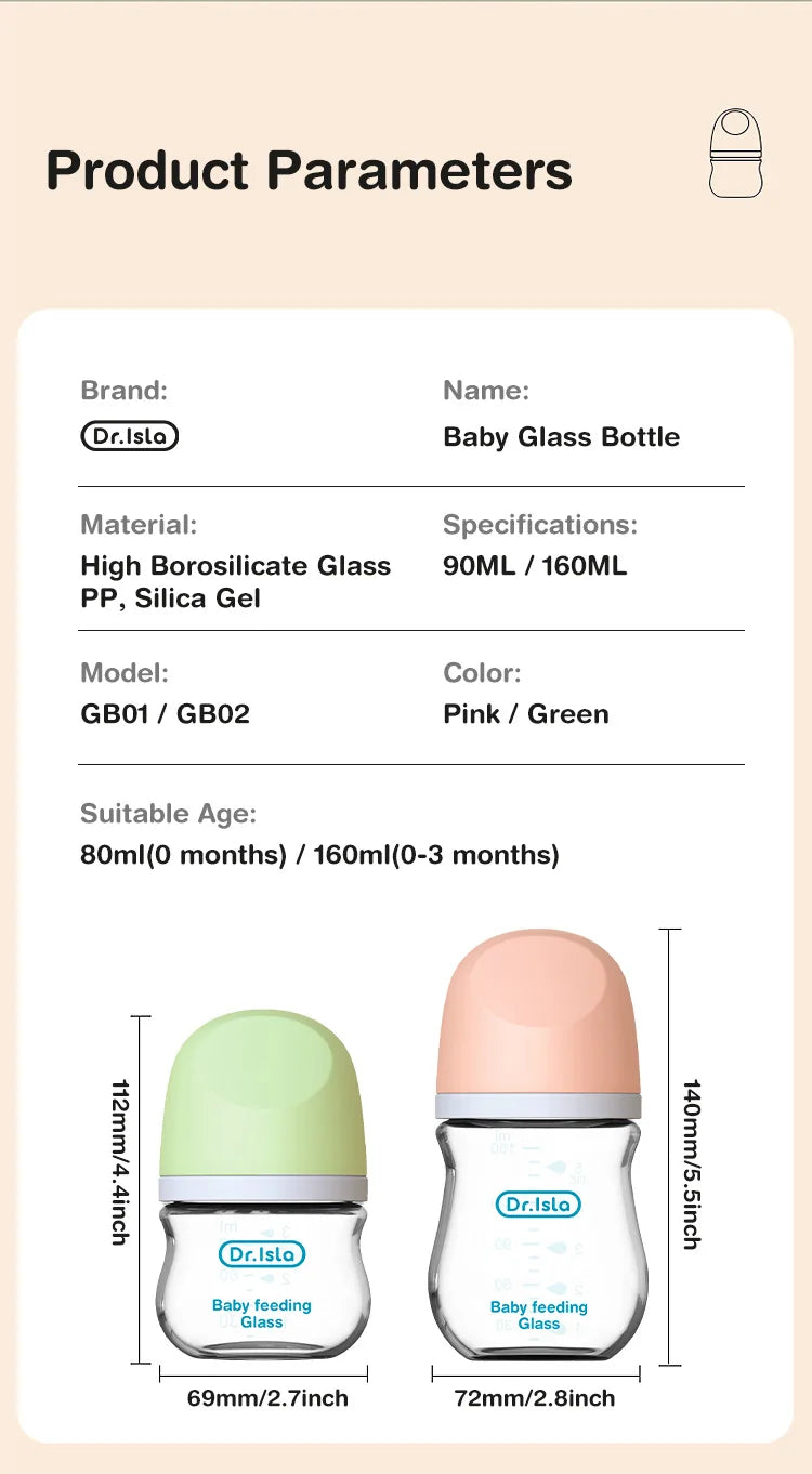 BPA-Free Glass Baby Bottle – Anti-Flatulence Newborn Feeding Bottle 90ml/160ml