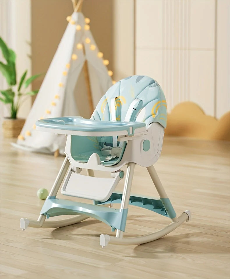 3-in-1 Convertible Baby High Chair – Foldable Infant Rocking Chair with Harness & Lockable Wheels